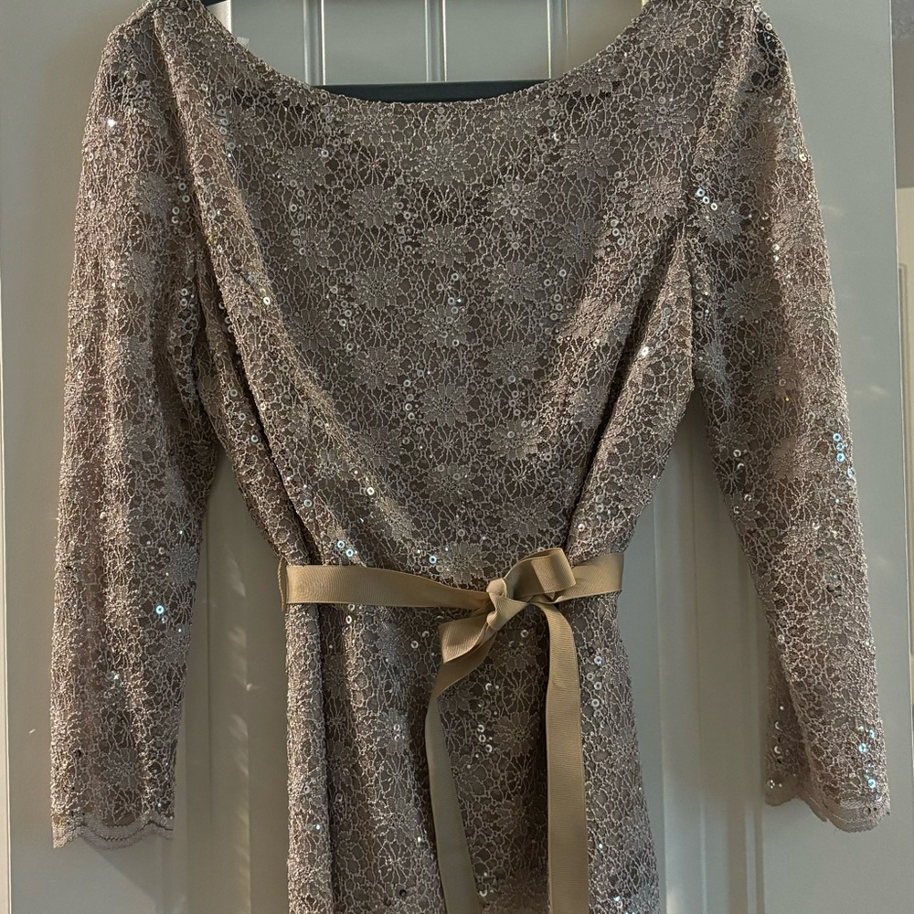 Taupe lace and sequined peplum blouse size M